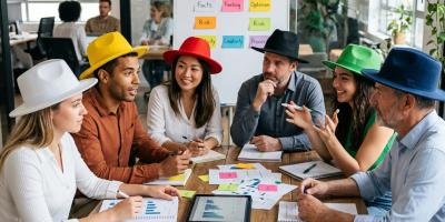 Team workshop with Six Thinking Hats board and colored hat labels: سفید, قرمز, زرد, سیاه, سبز, آبی