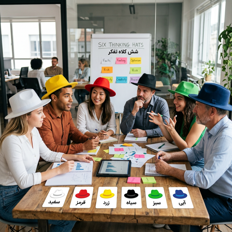 Team workshop with Six Thinking Hats board and colored hat labels: سفید, قرمز, زرد, سیاه, سبز, آبی