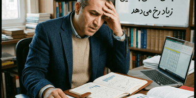 مردی پریشان کنار لپ‌تاپ و گزارش‌ها؛ تخته: «نقطه کور تصمیم‌گیری؛ اشتباهی که حتی با تحقیق زیاد رخ می‌دهد»
