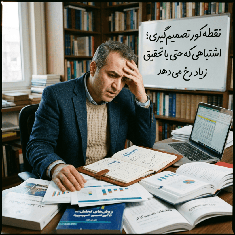 مردی پریشان کنار لپ‌تاپ و گزارش‌ها؛ تخته: «نقطه کور تصمیم‌گیری؛ اشتباهی که حتی با تحقیق زیاد رخ می‌دهد»
