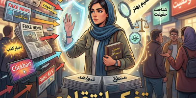 پوستر فارسی تفکر انتقادی برای شناسایی اخبار جعلی و تصمیم‌گیری بهتر