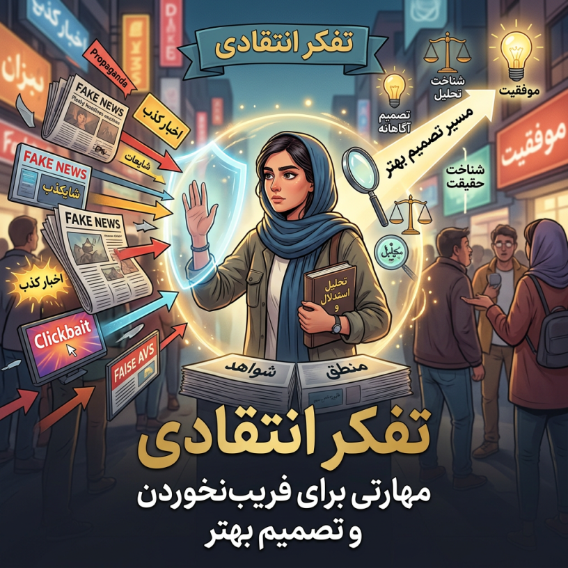 پوستر فارسی تفکر انتقادی برای شناسایی اخبار جعلی و تصمیم‌گیری بهتر