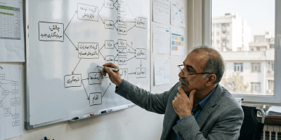 Man pointing to a Persian decision-making flowchart on a whiteboard
