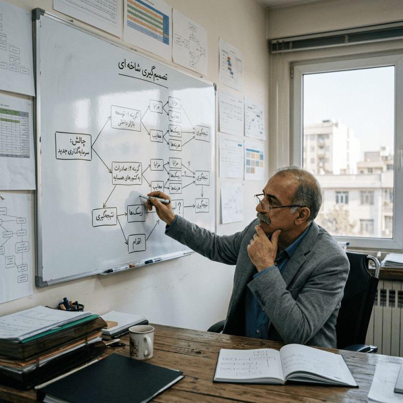 Man pointing to a Persian decision-making flowchart on a whiteboard