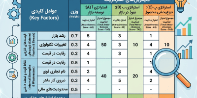 Persian QSPM matrix comparing market development, market penetration, and product diversification strategies
