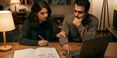 Couple reviewing Persian notes about whether to stay or leave