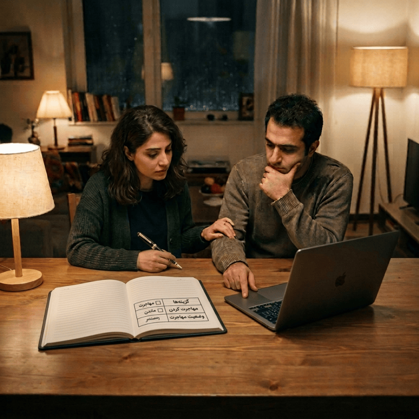 Couple reviewing Persian notes about whether to stay or leave