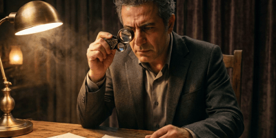 Man examining Persian documents and maps through a magnifying glass
