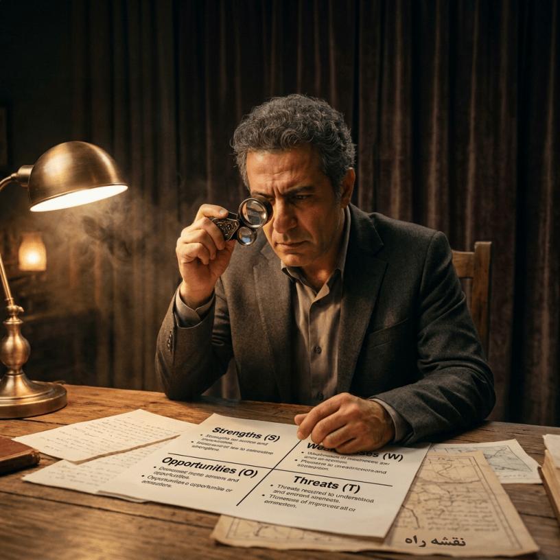 Man examining Persian documents and maps through a magnifying glass