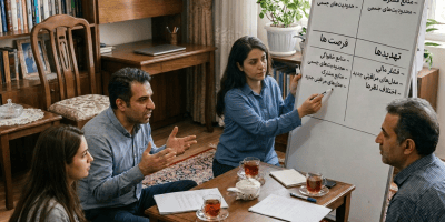 Family discussing a Persian SWOT analysis around a whiteboard