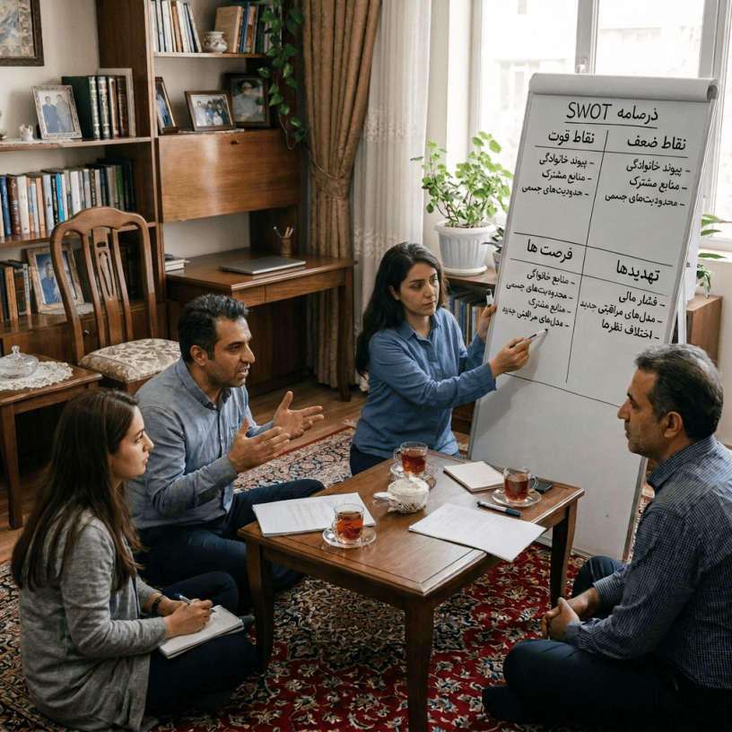Family discussing a Persian SWOT analysis around a whiteboard
